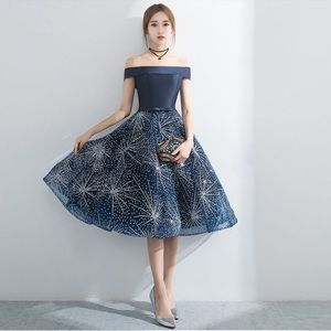 Navy Blue Satin Off the Shoulder Prom Dress